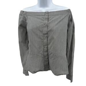 Naked Zebra Off Shoulder Blouse M Gray White Pinstripe Button Front Long Sleeves